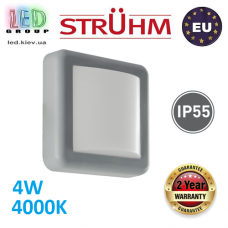 Настенный светодиодный светильник, Strühm Poland, 4W, 4000K, пластик, накладной, квадратный, серый, IP55, RA≥80, FIDO LED. ЕВРОПА