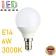 Светодиодная LED лампа 6W, E14, G45, 3000K - тёплое свечение, алюпласт, RA≥90
