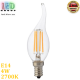 Светодиодная LED лампа 4W, E14, C35 - свеча на ветру, 2700К – тёплое свечение, стекло, FILAMENT. Гарантия - 2 года