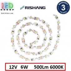 Світлодіодна стрічка RISHANG 12V, 2835, 60 led/m, S-type, 6W, IP20, 6000K - білий холодний, Premium. Гарантія - 3 роки