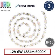 Світлодіодна стрічка RISHANG 12V, 2835, 60 led/m, S-type, 6W, IP65, 6000K - білий холодний, Premium. Гарантія - 3 роки