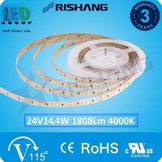 Світлодіодна стрічка RISHANG, 24V, SMD 2835, 168 led/m, 14.4W, IP20, 4000K - білий нейтральний, Premium. Гарантія - 3 роки