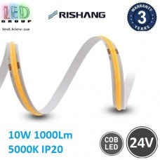 Світлодіодна стрічка RISHANG, 24V, COB (суцільне світіння), 10W, IP20, 5000K - білий холодний, Premium. Гарантія - 3 роки
