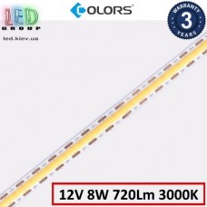 Світлодіодна стрічка COLORS, 12V, COB (суцільне світіння), 8W, IP20, 3000K - білий теплий, Premium. Гарантія - 3 роки