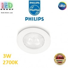 Светодиодный LED светильник Philips, 3W, 2700K, 270Lm, потолочный, врезной,  круглый, белый. Гарантия - 2 года