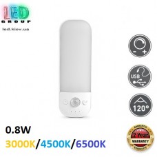 Светодиодный LED светильник 0.8W, 3000/4500/6500K, диммируемый, аккумуляторный, с датчиком движения, пластиковый, белый. Гарантия - 2 года