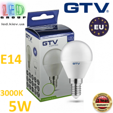 Светодиодная LED лампа GTV, 5W, E14, G45, шарик, 3000К – тёплое свечение. ЕВРОПА!!! Гарантия - 2 года