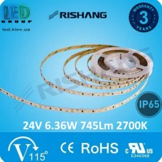 Світлодіодна стрічка RISHANG, 24V, SMD 2835, 60 led/m, 6.36W, IP65, 2700К - білий теплий, VIP. Гарантія - 3 роки