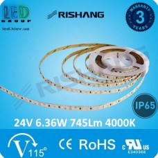 Світлодіодна стрічка RISHANG, 24V, SMD 2835, 60 led/m, 6.36W, IP65, 4000К - білий нейтральний, VIP. Гарантія - 3 роки