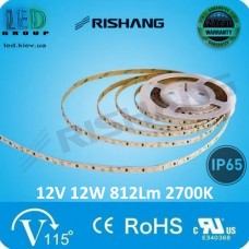 Світлодіодна стрічка RISHANG, 12V, SMD 2835, 60 led/m, 12W, IP65, 2700K - білий теплий, VIP. Гарантія - 2 роки