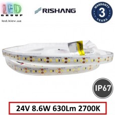 Світлодіодна стрічка RISHANG, 24V, SMD 2835, 120 led/m, 8.6W, IP67, 2700K - білий теплий, 12мм, VIP. Гарантія - 3 роки