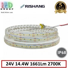 Світлодіодна стрічка RISHANG, 24V, SMD 2835, 168 led/m, 14.4W, IP68, 2700K - білий теплий, VIP. Гарантія - 5 років