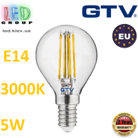 Светодиодная LED лампа GTV, 5W, E14, G45, FILAMENT, 3000К – тёплое свечение. ЕВРОПА!!! Гарантия - 2 года