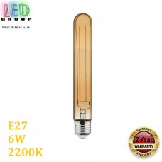Світлодіодна LED лампа 6W, E27, 2200K - тепле світіння, філамент, трубка, скло, amber, RA≥70