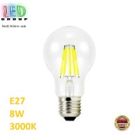 Светодиодная LED лампа 8W, E27, A60, 3000K - тёплое свечение, FILAMENT, Ra≥80