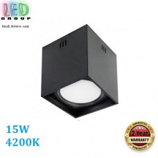 Світлодіодний LED світильник 15W, 4200K, точковий, накладний, метал, квадратний, чорний