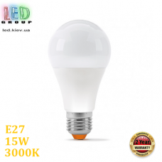 Светодиодная LED лампа 15W, E27, A65, 3000K - тёплое свечение, алюпласт, RA≥90