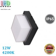 Светодиодный LED светильник, 12W, 4200K, IP65, 900Lm, фасадный, пластик, квадратный, чёрный