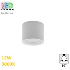 Світлодіодний LED світильник стельовий 12W, 3000K, 90°, накладний, круглий, алюмінієвий, білий, Ra≥80