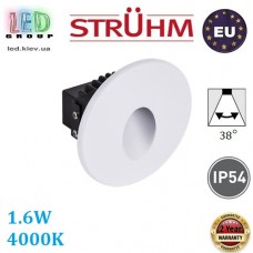 Cвітлодіодний LED світильник для підсвічування сходів, Strühm, 1.6W, 4000K, IP54, настінний, врізний, алюміній + скло, круглий, білий, AZYL LED C. ЄВРОПА