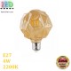 Светодиодная LED лампа 4W, E27, 2200K - тёплое свечение, филамент, "кристалл", стекло, amber, RA≥70