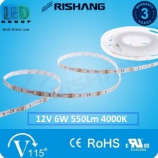 Світлодіодна стрічка RISHANG, 12V, SMD 2835, 60 led/m, 6W, IP20, 4000K - білий нейтральний, VIP. Гарантія - 3 роки