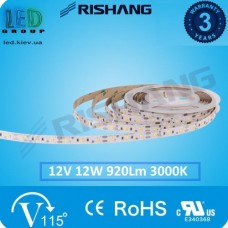 Світлодіодна стрічка RISHANG, 12V, SMD 2835, 60 led/m, 12W, IP20 (IP33), 3000K - білий теплий, VIP. Гарантія - 3 роки