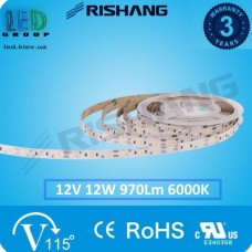 Світлодіодна стрічка RISHANG, 12V, SMD 2835, 60 led/m, 12W, IP20 (IP33), 6000K - білий холодний, VIP. Гарантія - 3 роки