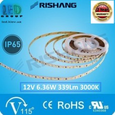 Світлодіодна стрічка RISHANG, 12V, SMD 2835, 60 led/m, 6.36W, IP65, 3000K - білий теплий, VIP. Гарантія - 3 роки