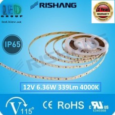 Світлодіодна стрічка RISHANG, 12V, SMD 2835, 60 led/m, 6.36W, IP65, 4000K - білий нейтральний, VIP. Гарантія - 3 роки