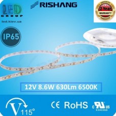 Світлодіодна стрічка RISHANG, 12V, SMD 2835, 120 led/m, 8.6W, IP65, 6500K - білий холодний, VIP. Гарантія - 2 роки