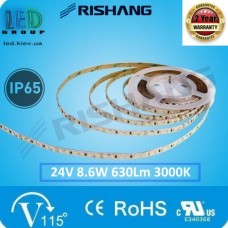 Світлодіодна стрічка RISHANG, 24V, SMD 2835, 120 led/m, 8.6W, IP65, 3000K - білий теплий, VIP. Гарантія - 2 роки