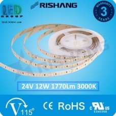 Светодиодная лента RISHANG, 24V, SMD 2835, 128 led/m, 12W, IP20, 3000K - белый тёплый, VIP. Гарантия - 3 года