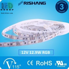 Світлодіодна стрічка RISHANG, 12V, SMD 5050, 60 led/m, 12.9W, IP20 (IP33), RGB (16 млн. відтінків), VIP. Гарантія - 3 роки