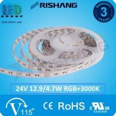 Світлодіодна стрічка RISHANG, 24V, SMD 5050, 60 led/m, 12.9+4.7W, IP20, RGB3000K, VIP. Гарантія - 3 роки