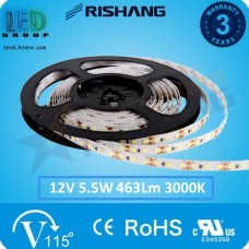 Світлодіодна стрічка RISHANG, 12V, SMD 2835, 60 led/m, 5.5W, IP20, 3000K - білий теплий, VIP. Гарантія - 3 роки