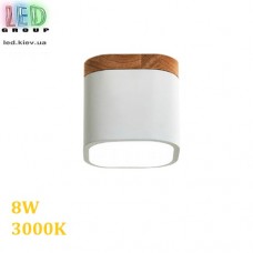 Світлодіодний LED світильник, стельовий, 8W, 3000K, накладний, квадратний, метал + дерево, білий + світле дерево