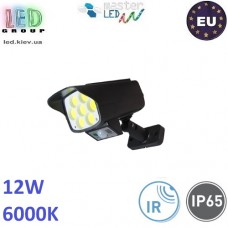 Светодиодный LED прожектор (имитация камеры), master LED, 12W, 63xLED COB, 6000K, IP65, на солнечной батарее, с датчиком сумерек, консольный, чёрный. Европа!
