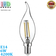 Світлодіодна LED лампа 6W, E14, C35 - свічка на вітрі, 4200К - нейтральне світіння, FILAMENT. Гарантія - 2 роки